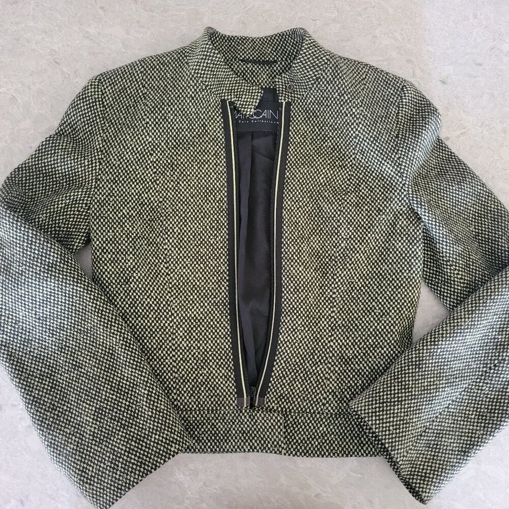 Marc Cain Wool Zip Front Jacket Blazer 6 Green Black Check